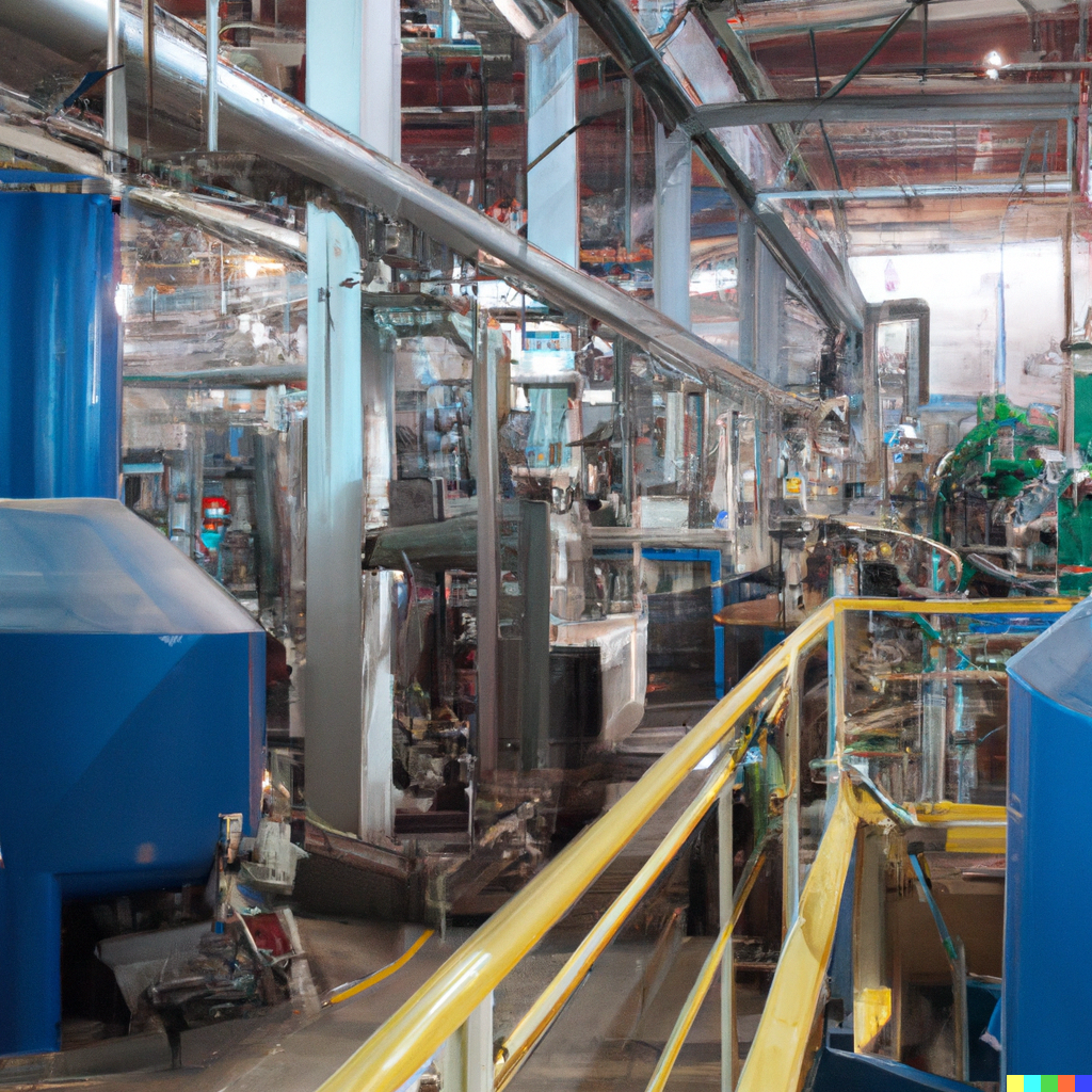 DALL·E 2023-05-22 22.20.17 - inside of a factory, with belts, cilinders, tanks of a industrial process