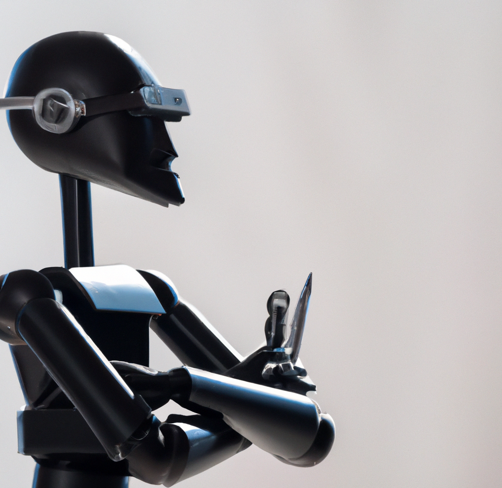 DALL·E 2023-05-22 22.43.06 - black human robot with tools watching horizon, with crossed arms